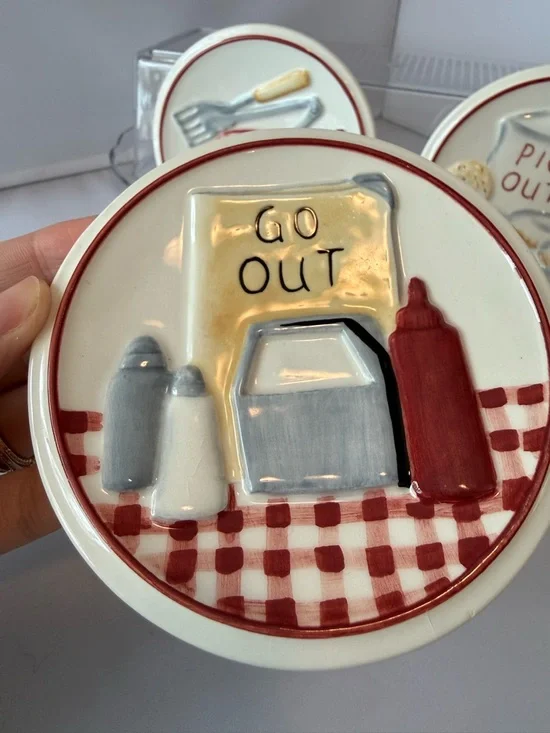 3 Pc MWW Market 4.5" Mini Plate Set Grill/ Pig/Go Out/Take Out -Farmhouse Picnic - Picture 7 of 16